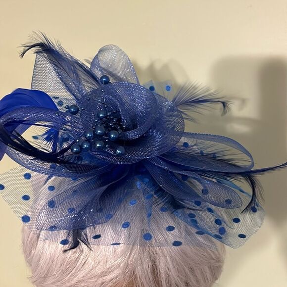 Royal Blue Fascinator w/ polkadot mesh and clip attachment and headband - Picture 1 of 8
